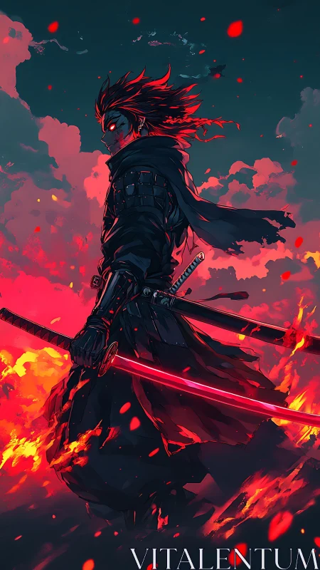 Dark armored swordsman with glowing blades amid rising flames.
