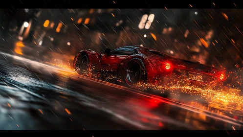 Red street racer glowing through the rain soaked night.