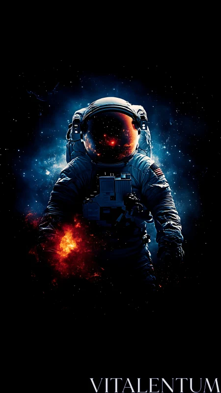 Solitary astronaut strides through cosmic fire and shadow