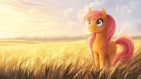 Digital painting of stylized pony in luminous wheat field.