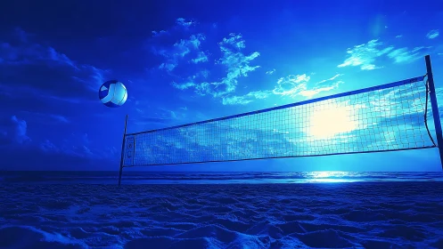 Midair volleyball at twilight over luminous blue shore.
