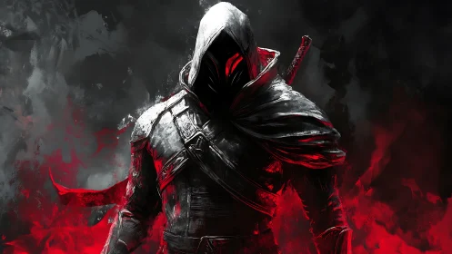 Hooded rogue emerges from crimson smoke in high-contrast digital art