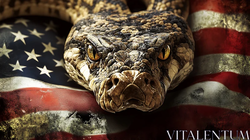 Snake head rests sharply focused over worn US flag