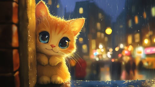 Luminescent Feline Character in Nocturnal Urban Rain Environment