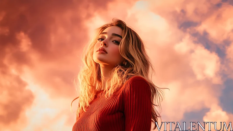 Confident woman in red sweater under vivid sunset sky.