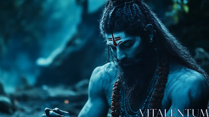 Blue-toned male figure with body paint sits in forest setting