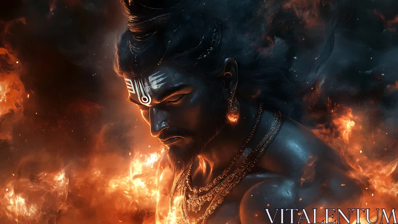 Mythic warrior portrait in infernal orange and teal firestorm