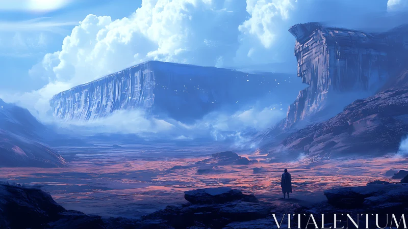 Solitary figure surveys eroded plateau under dense cloud bank