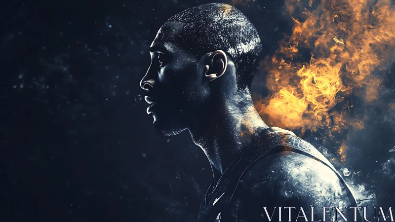 Flaming profile portrait of athlete in cinematic side lighting.