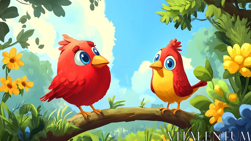 Two Cartoon Red Birds on a Branch in a Vibrant Garden Scene.
