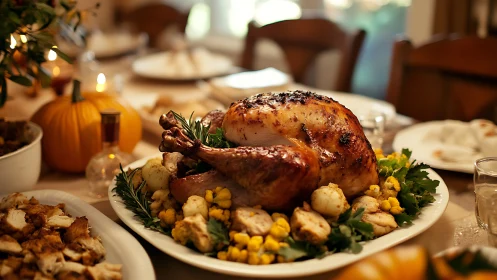 Roasted holiday turkey on festive autumn dinner table.