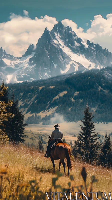 Lone horseback rider facing rugged snowy mountain peak.