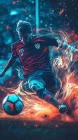 Digital soccer player kicking ball with abstract light trails.