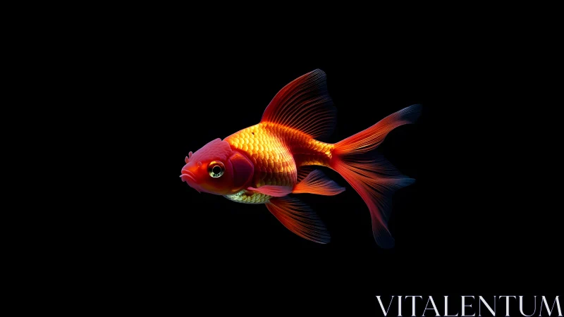 Vibrant goldfish with flowing fins on black background, digital art.