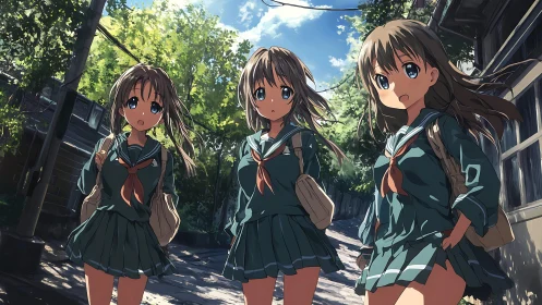 Triplet schoolgirls walk sunlit alley with dynamic anime lighting