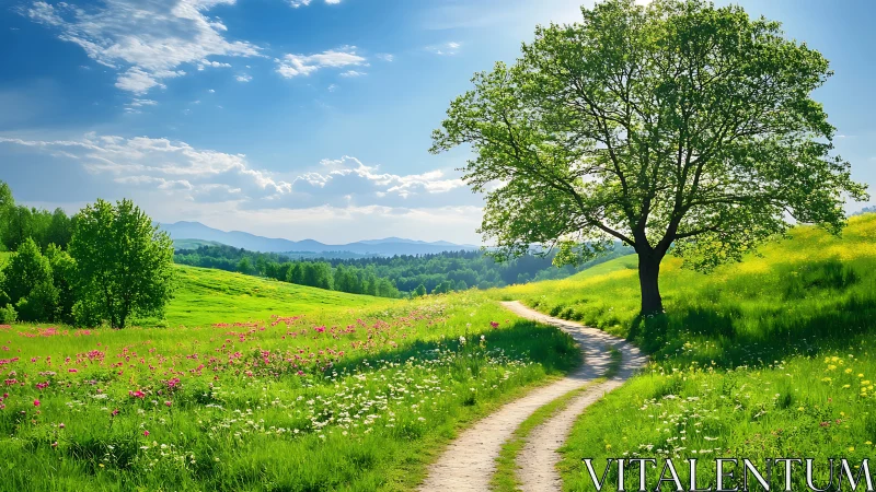 Sunlit country path curves gently through bright spring meadow