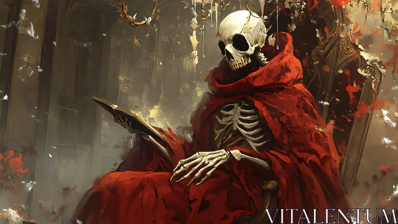Skeletal figure in red cloak sits on ornate throne reading