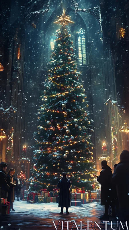 Grand cathedral Christmas tree with gathered visitors