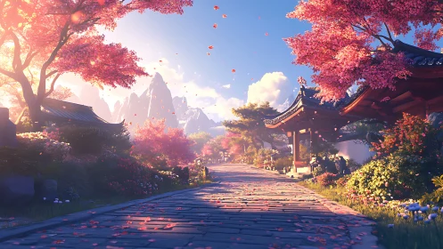 Digital pathway scene shows cherry trees and mountains