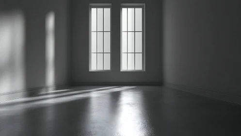 Minimalist empty room with twin vertical windows and hard light