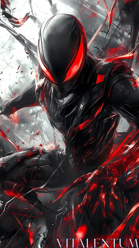 Cybernetic assassin emerges in shards of red energy.