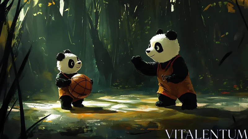 Panda point guard dreams in a bamboo forest court glow.