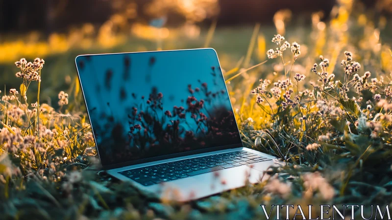 Ultrabook display reflecting floral bokeh in sunlit meadow.