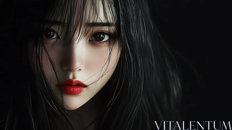 Ultra-detailed close portrait renders stylized female face in shadow