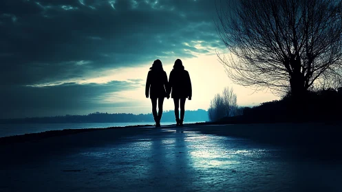 Two Figures Walk Along Frozen Shore at Twilight.