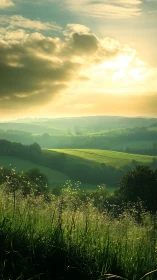 Layered rural hills under backlit clouded evening sky.