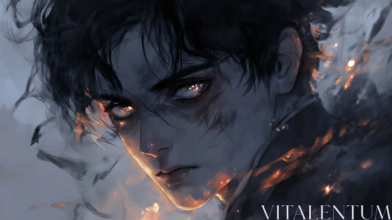 Male figure with ember-lit gaze in dark painterly scene.