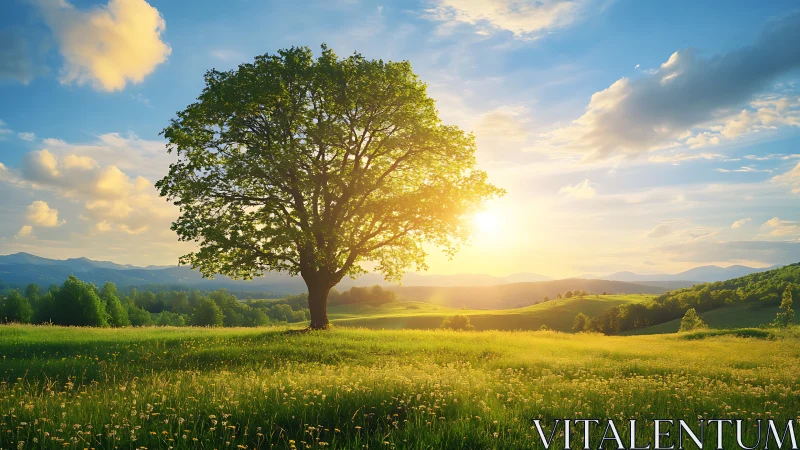 Solitary deciduous tree stands in backlit rural landscape