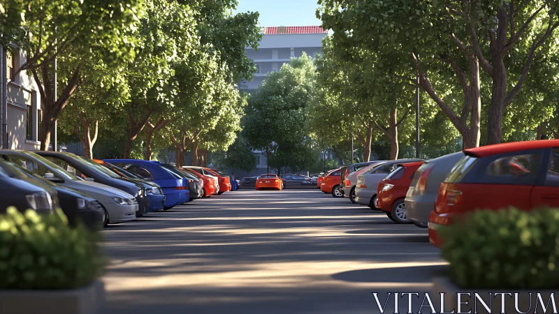Sunlit tree-lined parking lane with a lone orange escape car.