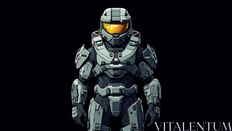 Armored sci fi soldier in full combat exosuit front view.