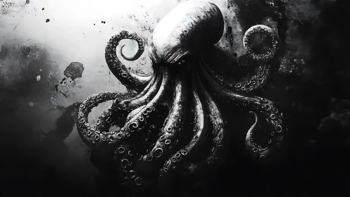 Monochrome eldritch octopus rising from inky abyss.