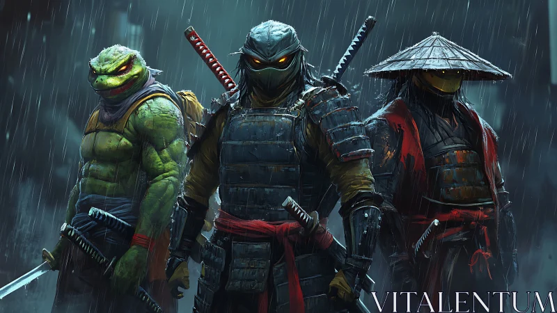 Armored reptilian ninjas in rain-soaked urban battlefield