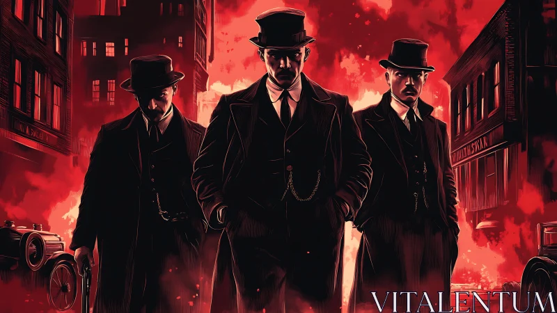 Three suited gangsters walk through burning city street