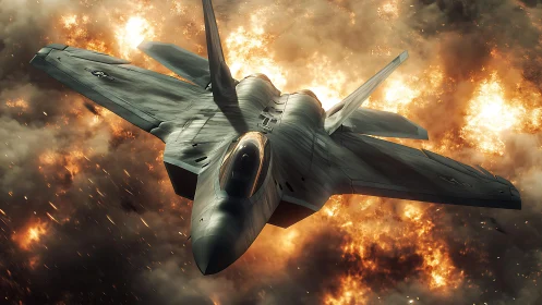 Stealth fighter jet cuts through fiery clouds in explosive sky