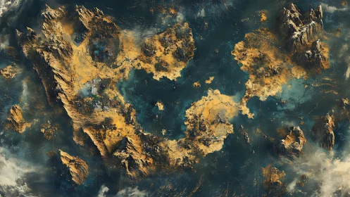 Storm-scratched archipelago dreaming in molten gold seas.