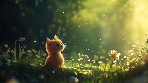 Backlit ginger kitten contemplating pollen motes in meadow