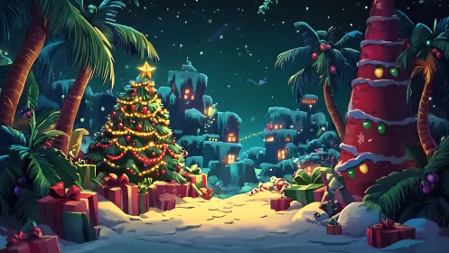 Tropical village Christmas eve under glowing starlit sky.