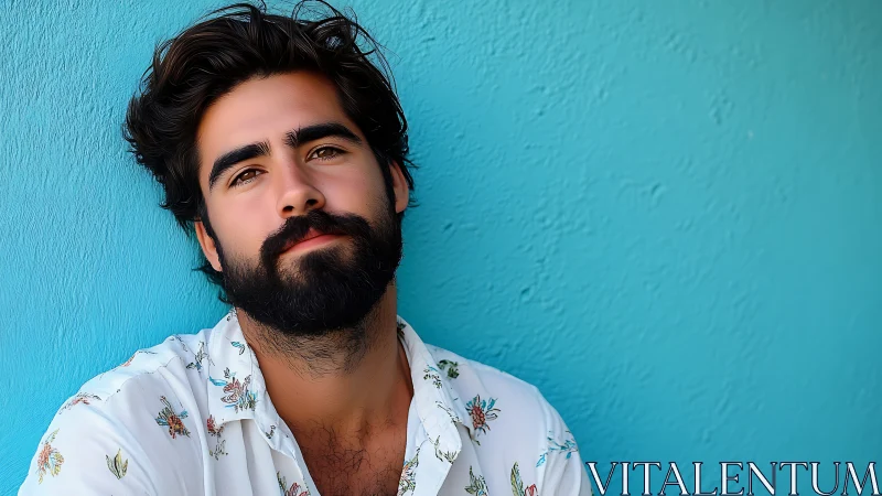 Bearded man portrait against bright turquoise wall.