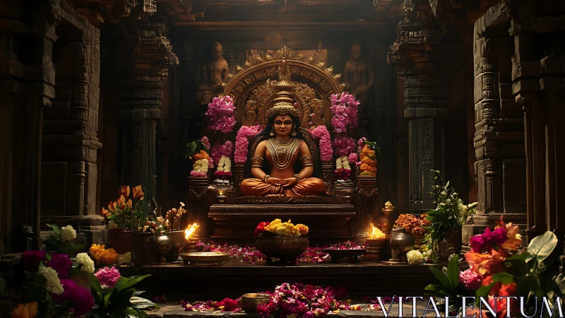 Intricately lit temple sanctum with adorned deity and dense floral offerings