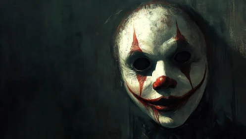 Digital painting of sinister clown mask in dark void.