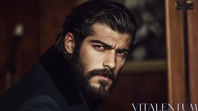 Brooding bearded stranger framed in warm wooden shadows.