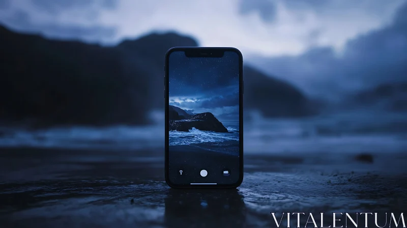 Smartphone Captures Twilight Mountain Seascape at Shoreline.