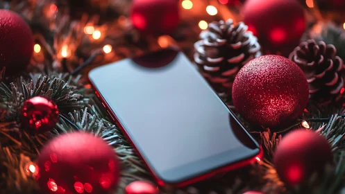 Holiday phone nestled in crimson baubles and pine glow.