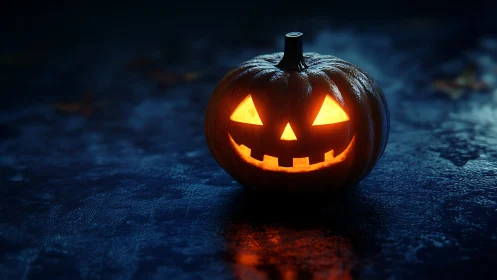 Glowing jack-o-lantern on wet night street, eerie contrast.