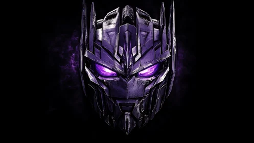 Midnight mech guardian with glowing violet stare.