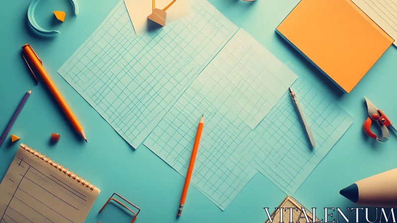 Organized Office Supplies and Graph Paper on Blue Desk, Modern Style.